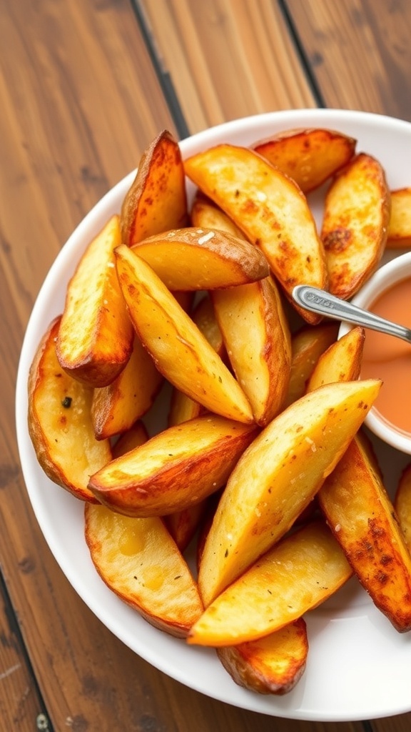 Crispy potato wedges seasoned with salt and pepper on a white plate with dipping sauce.